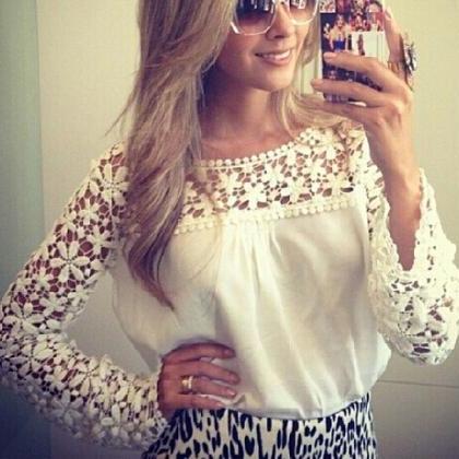 Splicing Lace Print Loose And Long Sleeve T-shirt