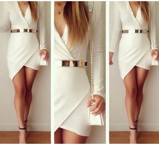 White Stitching Dress Long-sleeved